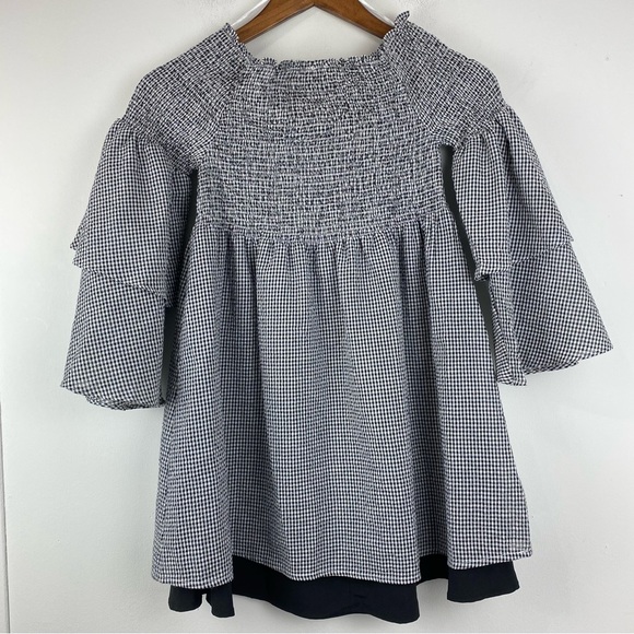 Lost In Lunar Medium Women’s Black White Gingham Smock Off Shoulder Blouse - Picture 5 of 7